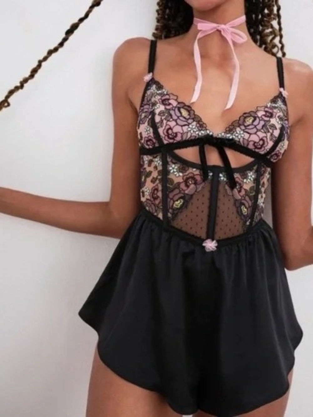 For Love & Lemons Black Lace and Pink Trim Romper